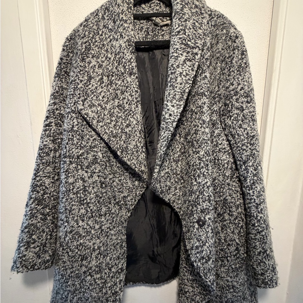 H&M Black & White Textured Shawl Collar Pea Coat